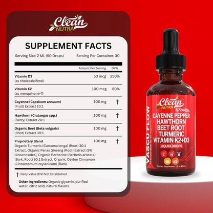 Vascu Flow - Cayenne Pepper Liquid Drops + Hawthorn Berry, Vitamin D3 K2